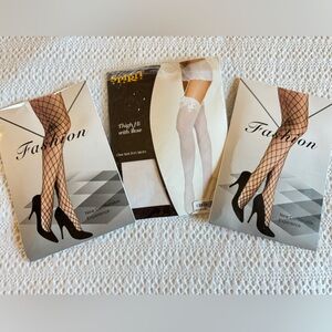 Black Fishnet Stockings and white thigh bow stockings 3 total one size fits most